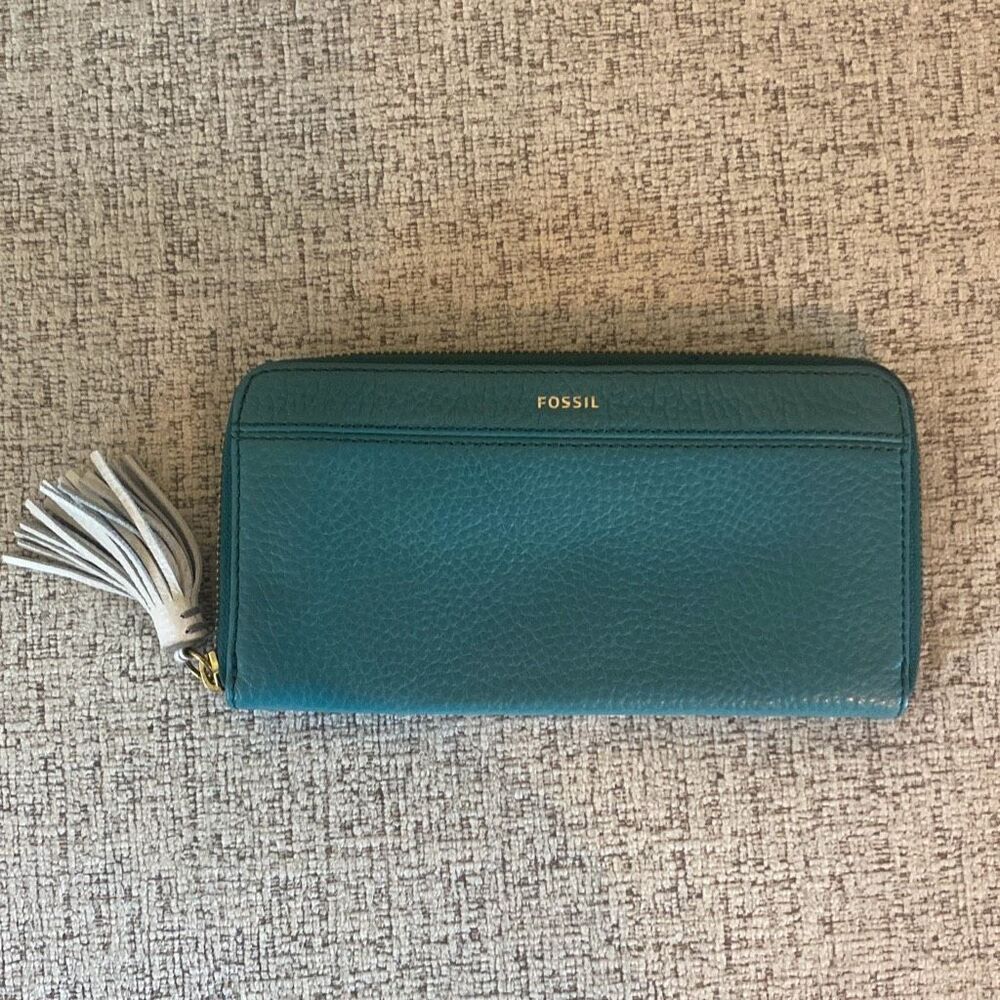 Fossil Leather Zip Around Wallet Teal Tassel